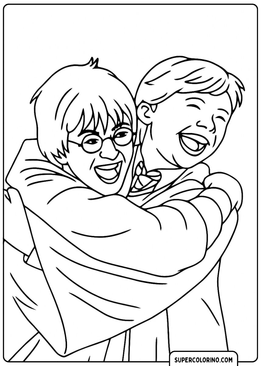 Harry Potter et Ron Weasley s'embrassent en riant joyeusement.