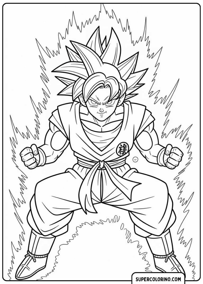 Kleurplaat van Goku in gevechtshouding, omringd door de krachtige Super Saiyan-aura.