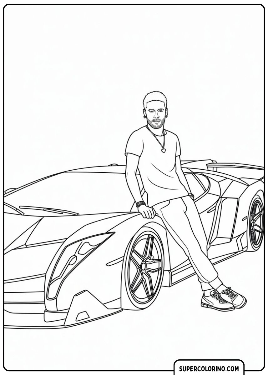 Immagine da colorare del calciatore Neymar Jr. seduto sul cofano di una Lamborghini dal design estremo (simile a Sián/Veneno).
