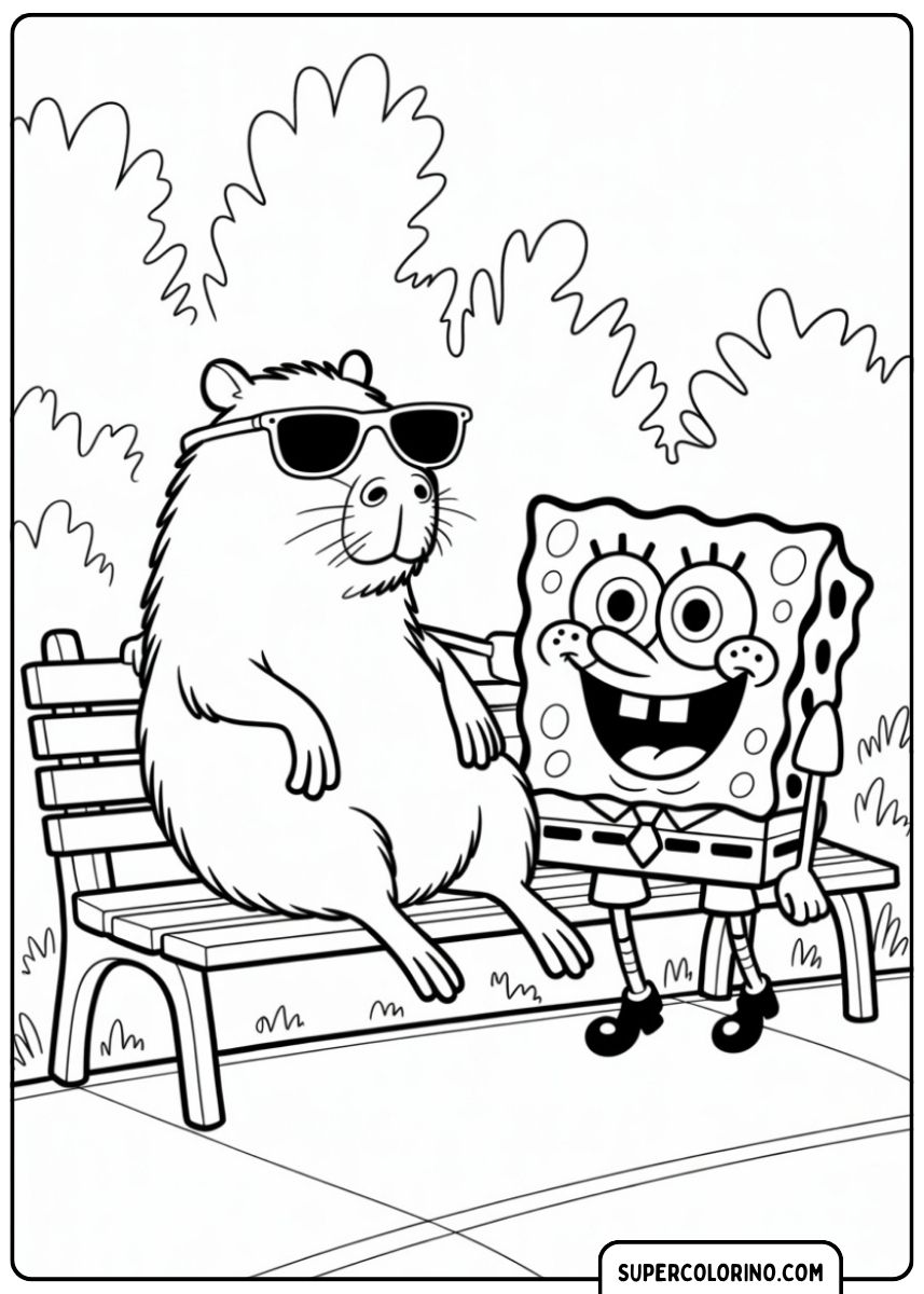Malvorlage: Capybara mit Sonnenbrille und SpongeBob sitzen zusammen auf einer Bank.