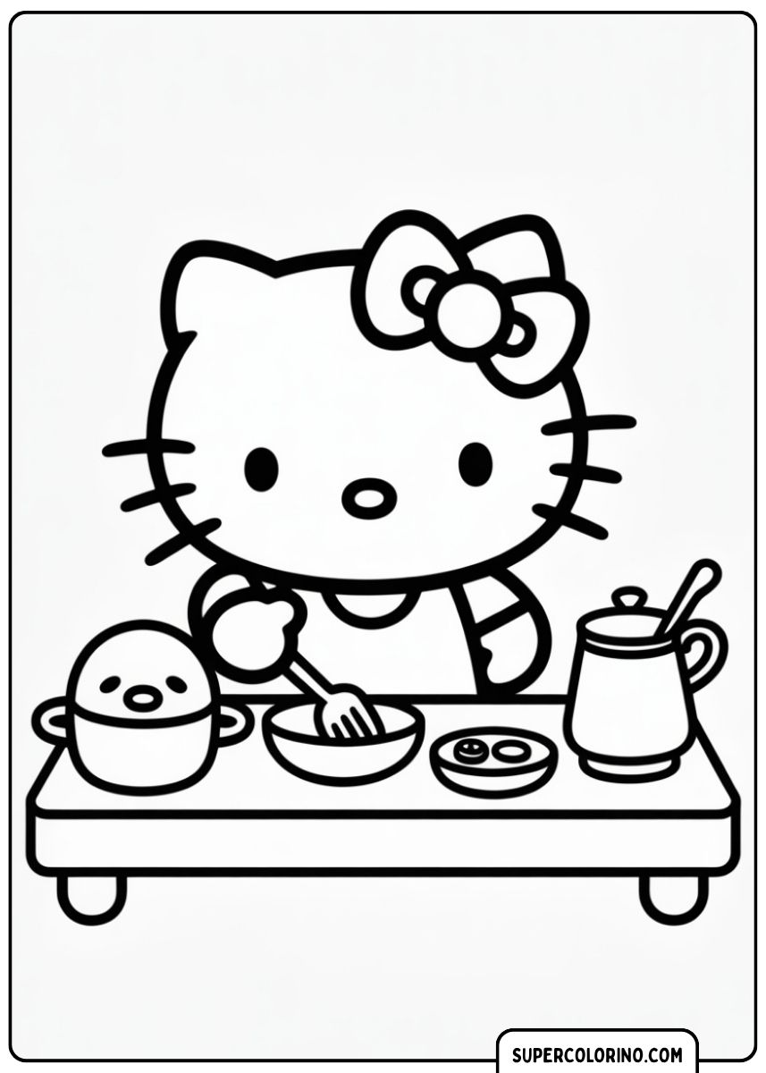 Close-up kleurafbeelding van Hello Kitty die aan een tafel zit te eten, met een vork in haar hand.