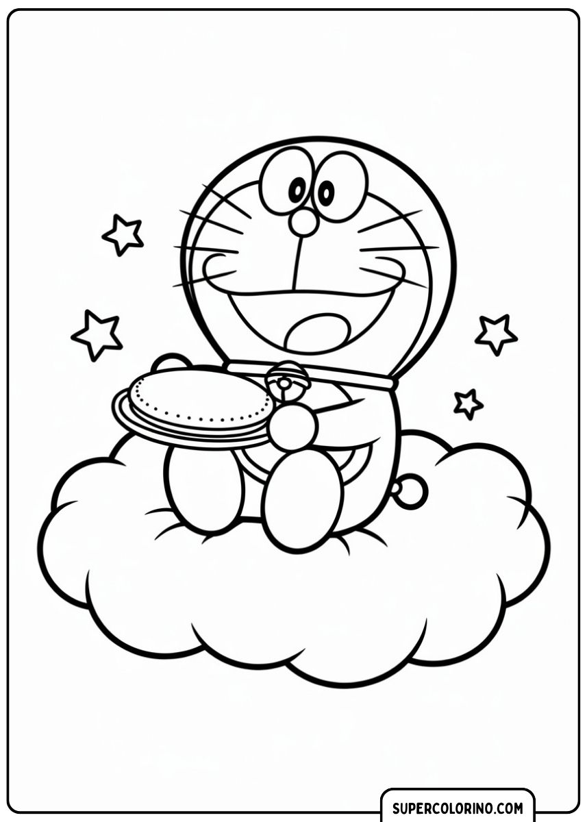 Der lächelnde Doraemon sitzt auf einer Wolke und hält ein Dorayaki.