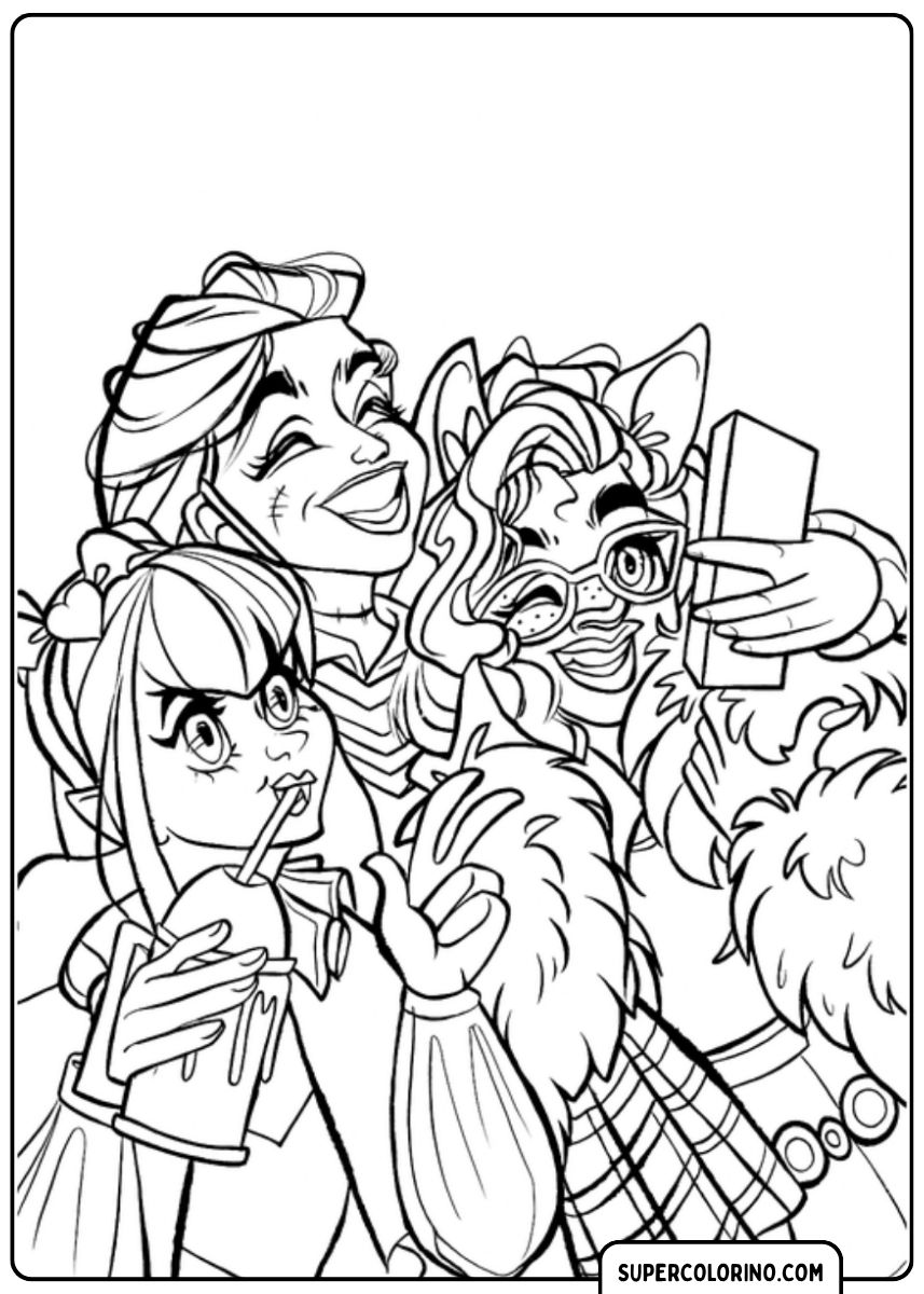 Kleurplaat van Monster High Ghouls die een selfie maken