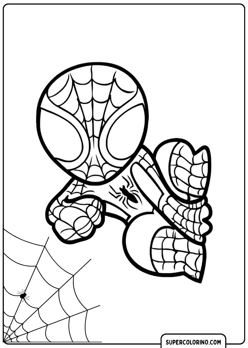 Malvorlage eines Chibi-Spidey in einer hockenden/springenden, kraftvollen Pose.