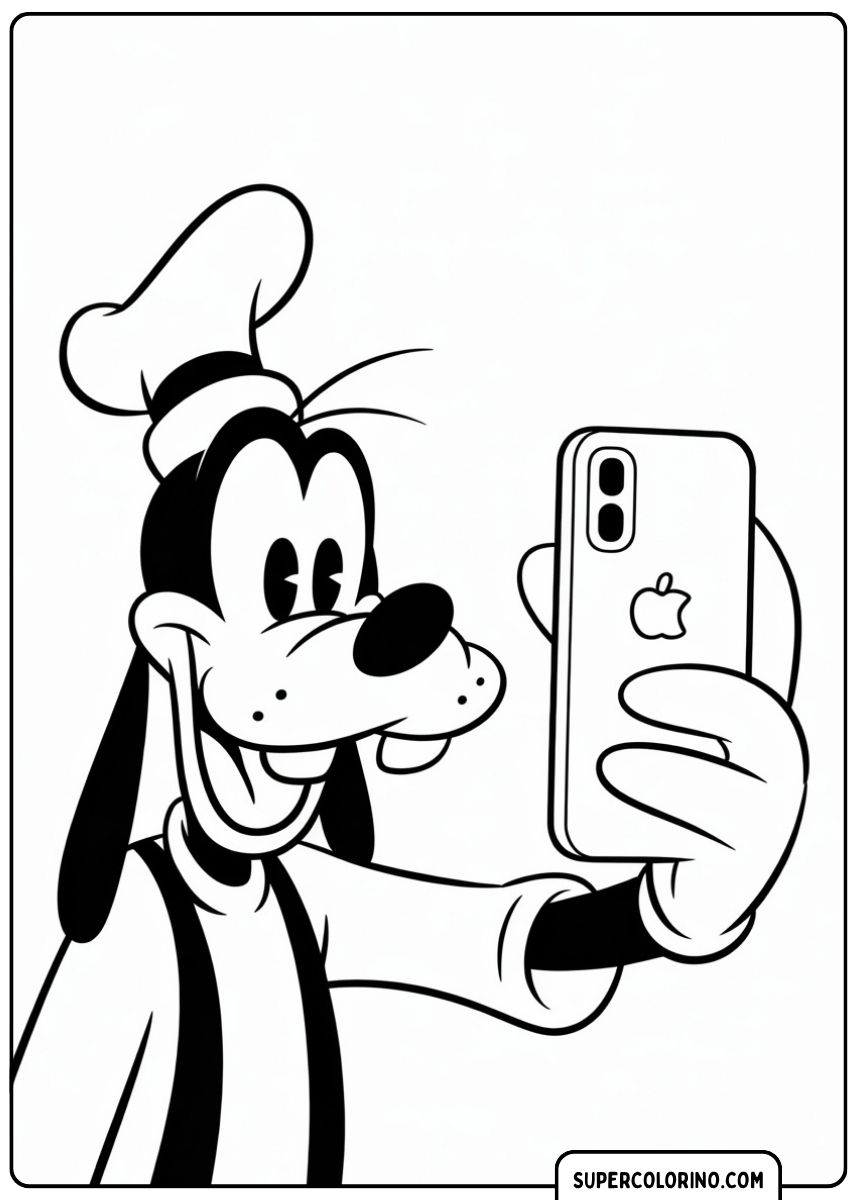Goofy macht ein Selfie mit einem iPhone.