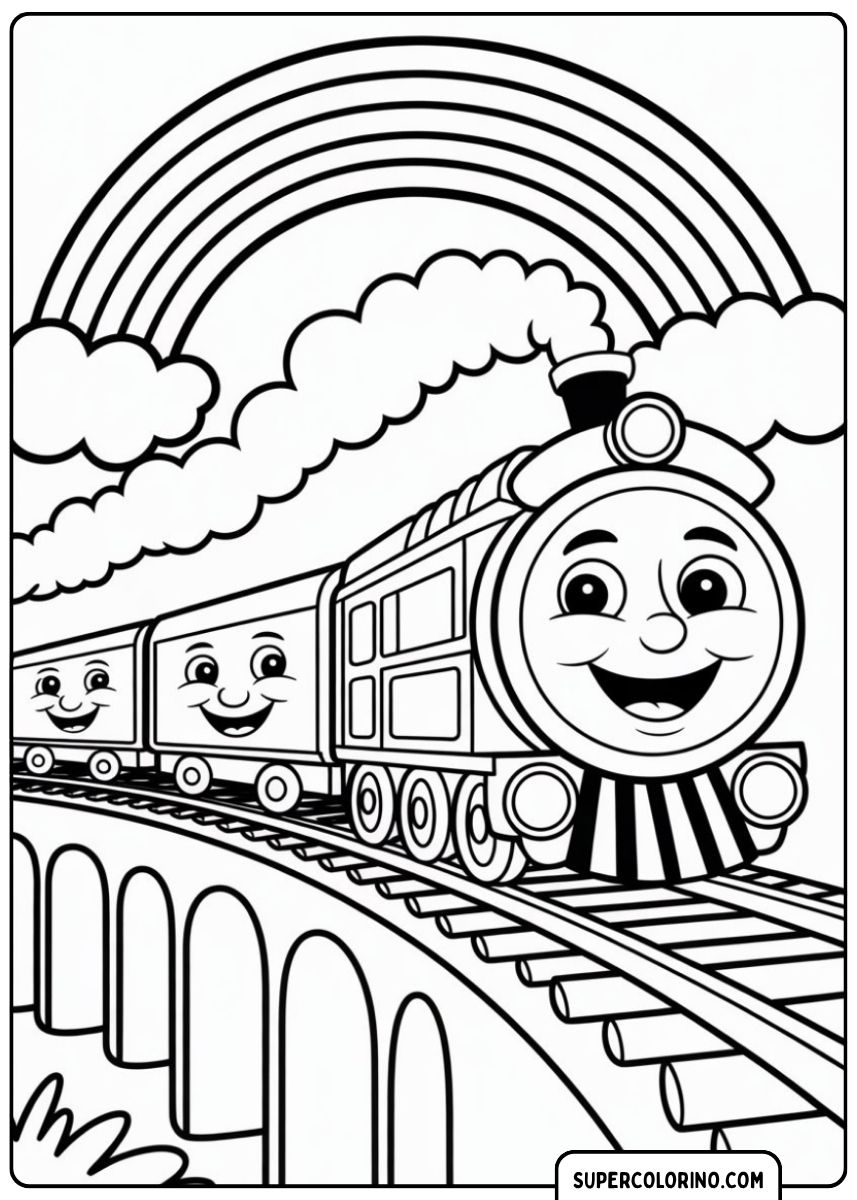 Coloriage d'un train joyeux avec des wagons traversant un pont de pierre, avec un arc-en-ciel.