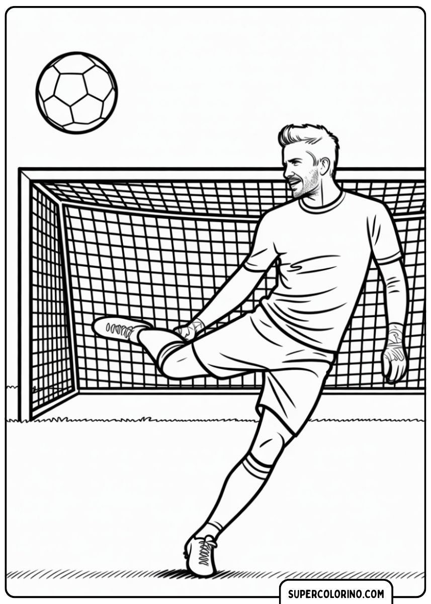Kleurplaat van David Beckham die naar doel trapt.