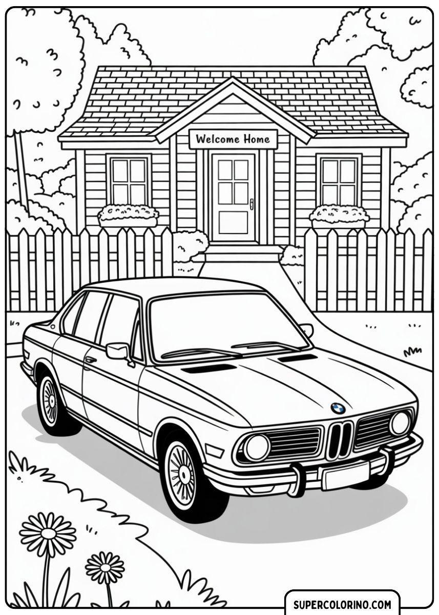 Malvorlage BMW-Limousine: Eine klassische BMW-Limousine, die vor einem gemütlichen Haus geparkt ist.