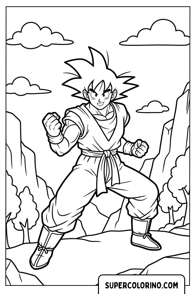 Goku in seiner typischen Kampfpose zum Ausmalen