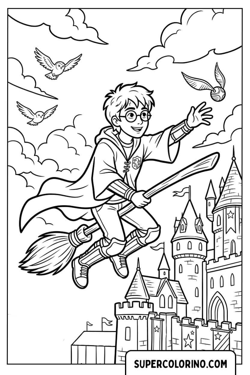 Harry Potter auf seinem Besen bei der Jagd nach dem Goldenen Schnatz zum Ausmalen