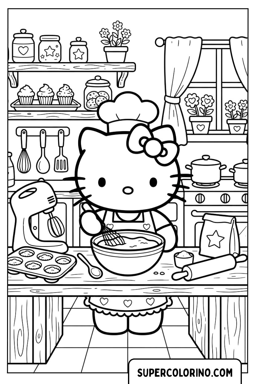 Kleurplaat van Hello Kitty als chef die gebak maakt in de keuken