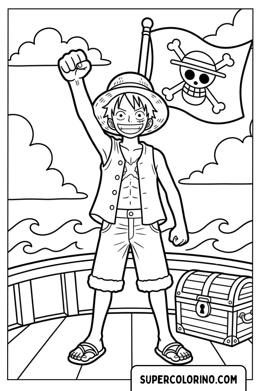 Colorare Luffy che alza il pugno con la bandiera pirata