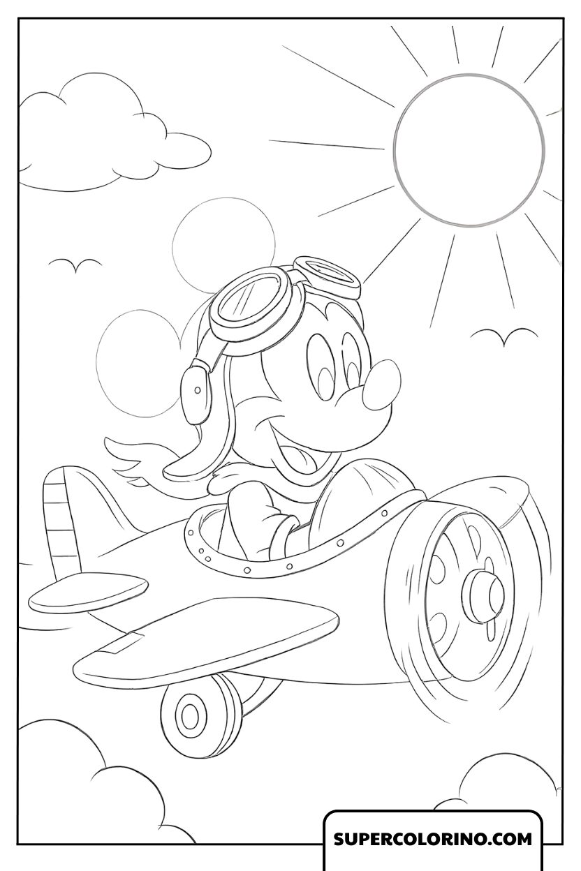 Coloriage Mickey Pilote dans le Ciel