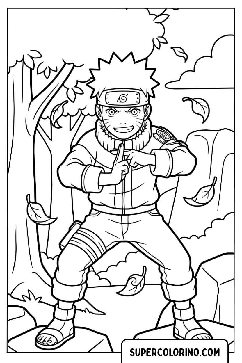 Colorare Naruto che esegue un sigillo ninja nella foresta
