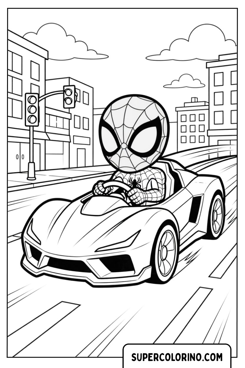 Coloriage de Spidey conduisant une voiture de sport en ville