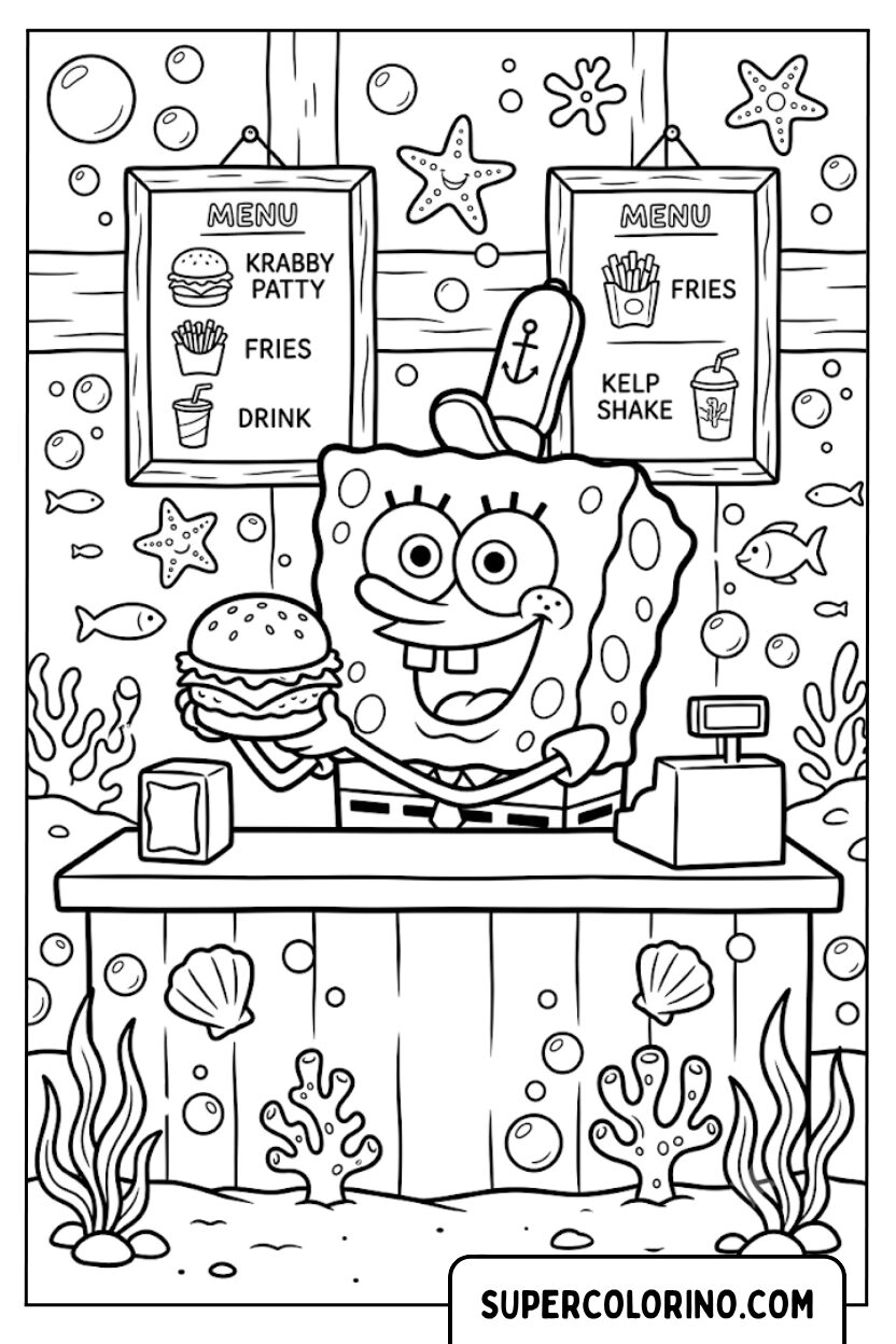 Coloriage de Bob l'Éponge cuisinier servant un Krabby Patty au Crabe Croustillant