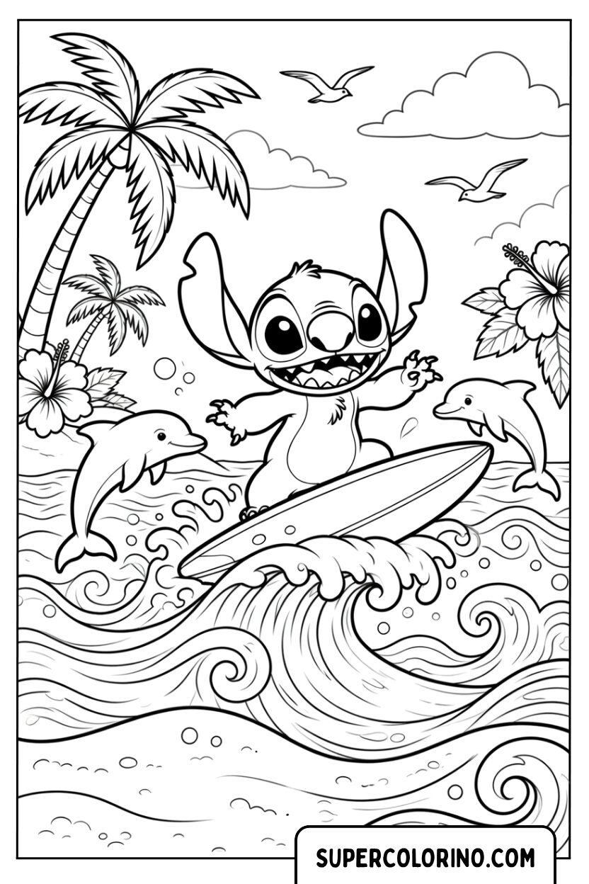 Colorare Stitch sulla tavola da surf tra le onde con i delfini