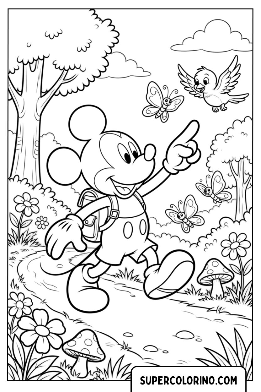 Colorare Topolino che fa un escursione nel bosco