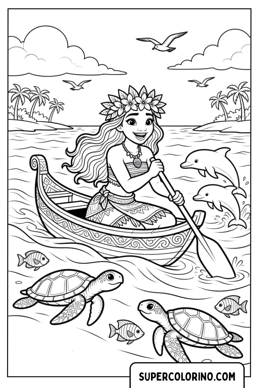Colorare Vaiana con la corona di fiori che rema accanto alle tartarughe