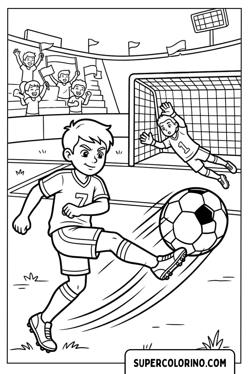 Ausmalbild eines Fußballspielers beim Torschuss