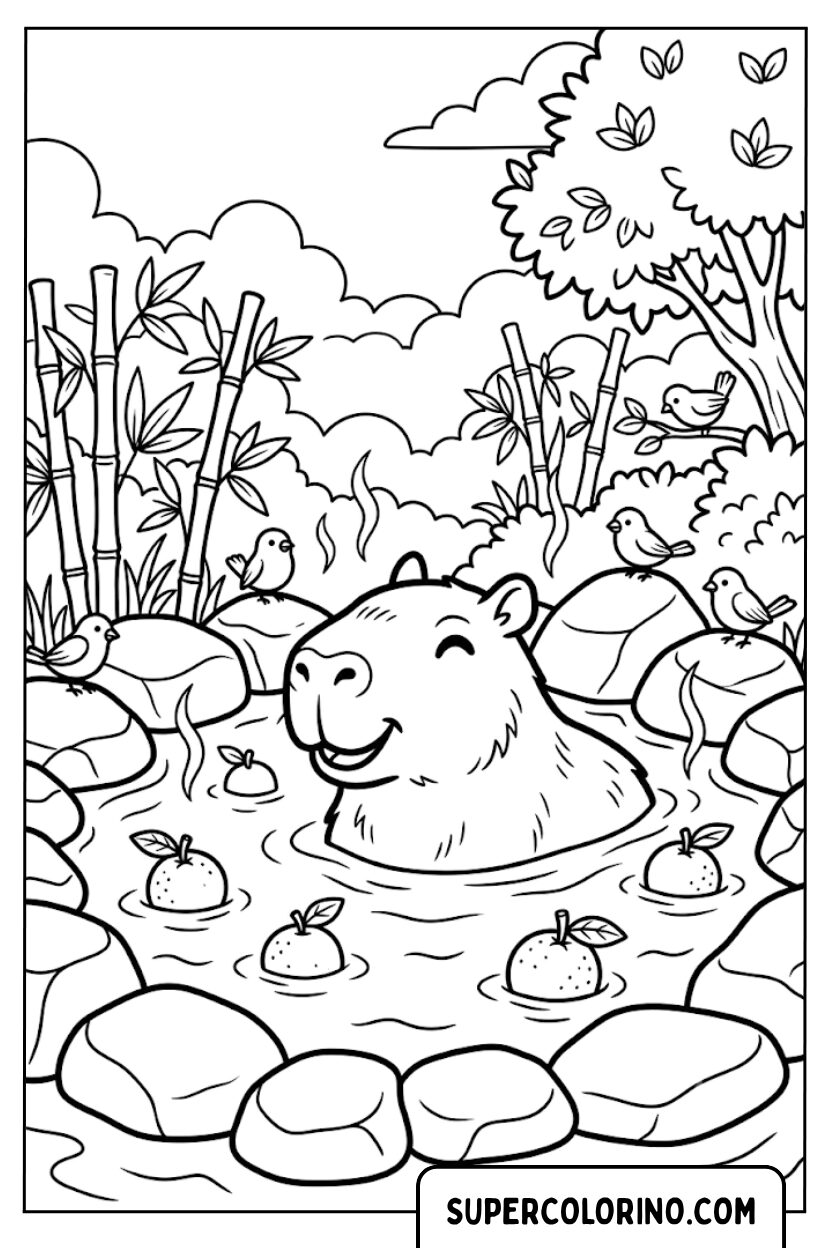 Capybara im Thermalbad mit Orangen zum Ausmalen