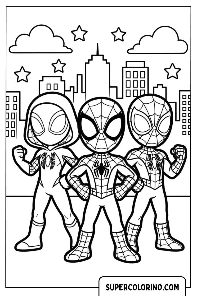 Coloriage de la fantastique équipe de Spidey en pose de super-héros