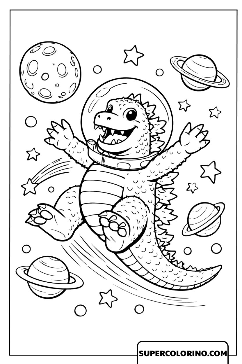 Colorare il piccolo Godzilla in viaggio nello spazio