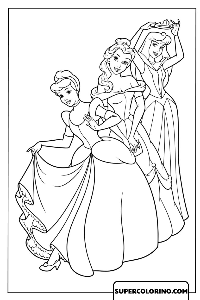 Coloriage du trio de princesses Cendrillon, Belle et Aurore en robes de bal
