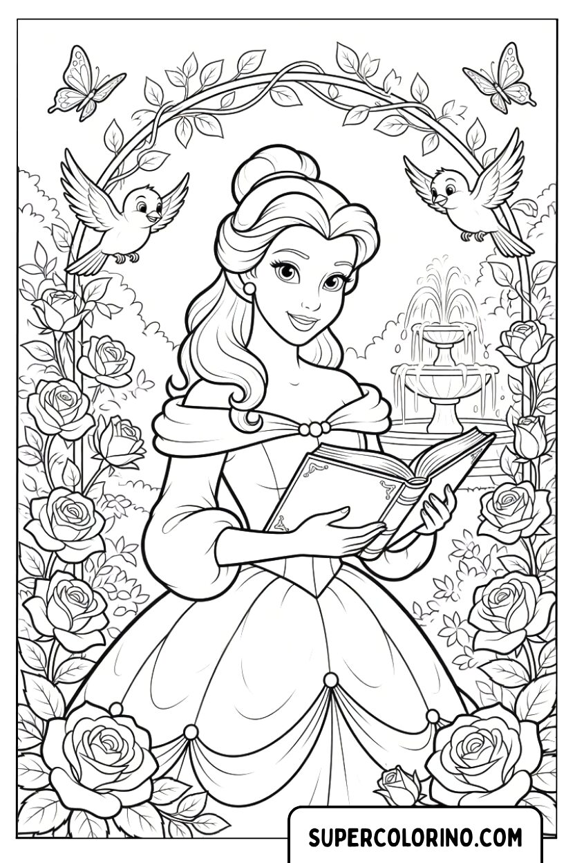Colorare la Principessa Belle che legge un libro nel roseto