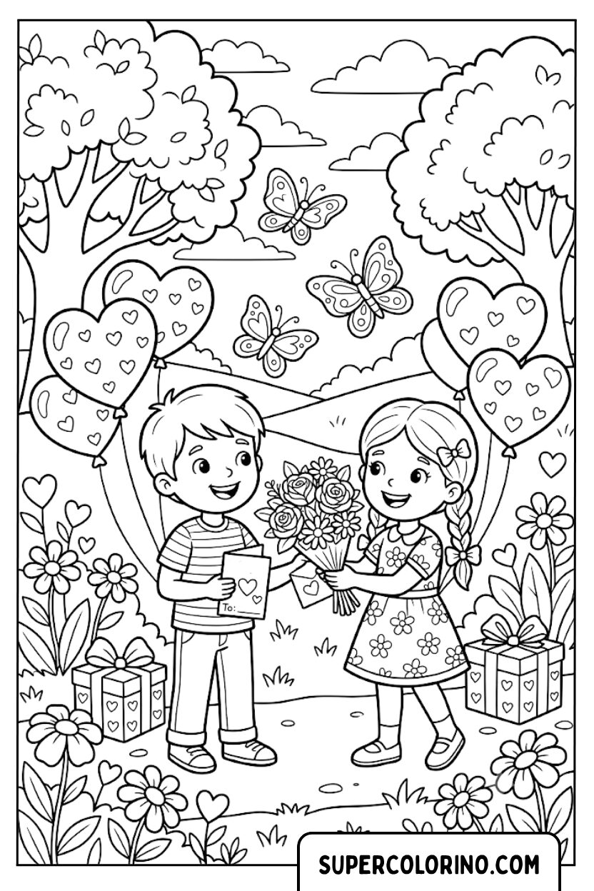 Colorare la dolce coppia di bambini che si scambiano regali in giardino