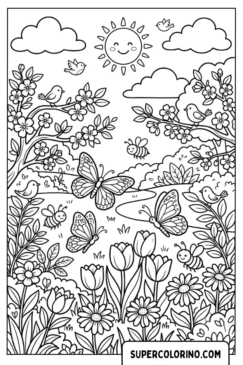 Frühlingsnatur mit großen Schmetterlingen und Blumen zum Ausmalen