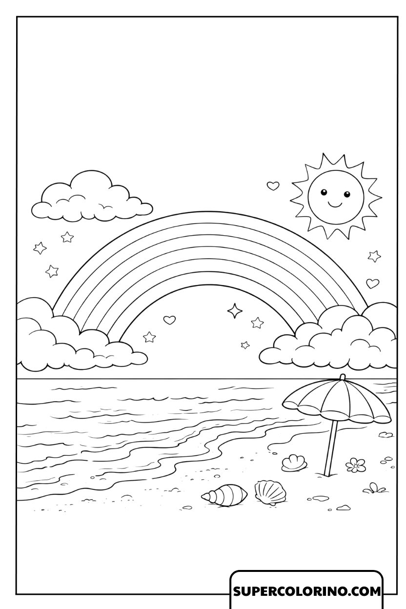 Colorez la scène du lever du soleil sur la plage avec un arc-en-ciel radieux
