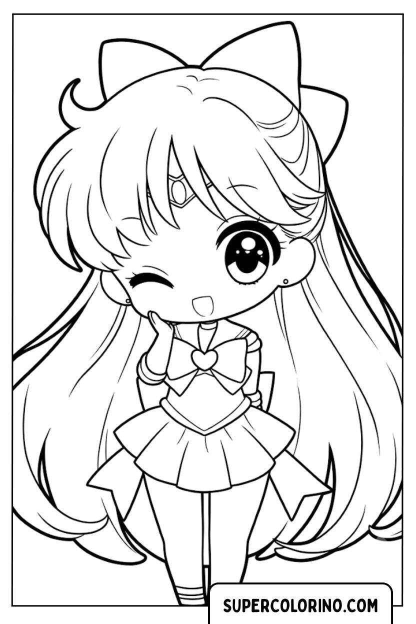 Kleurplaat van een schattig chibi-animemeisje met een grote strik