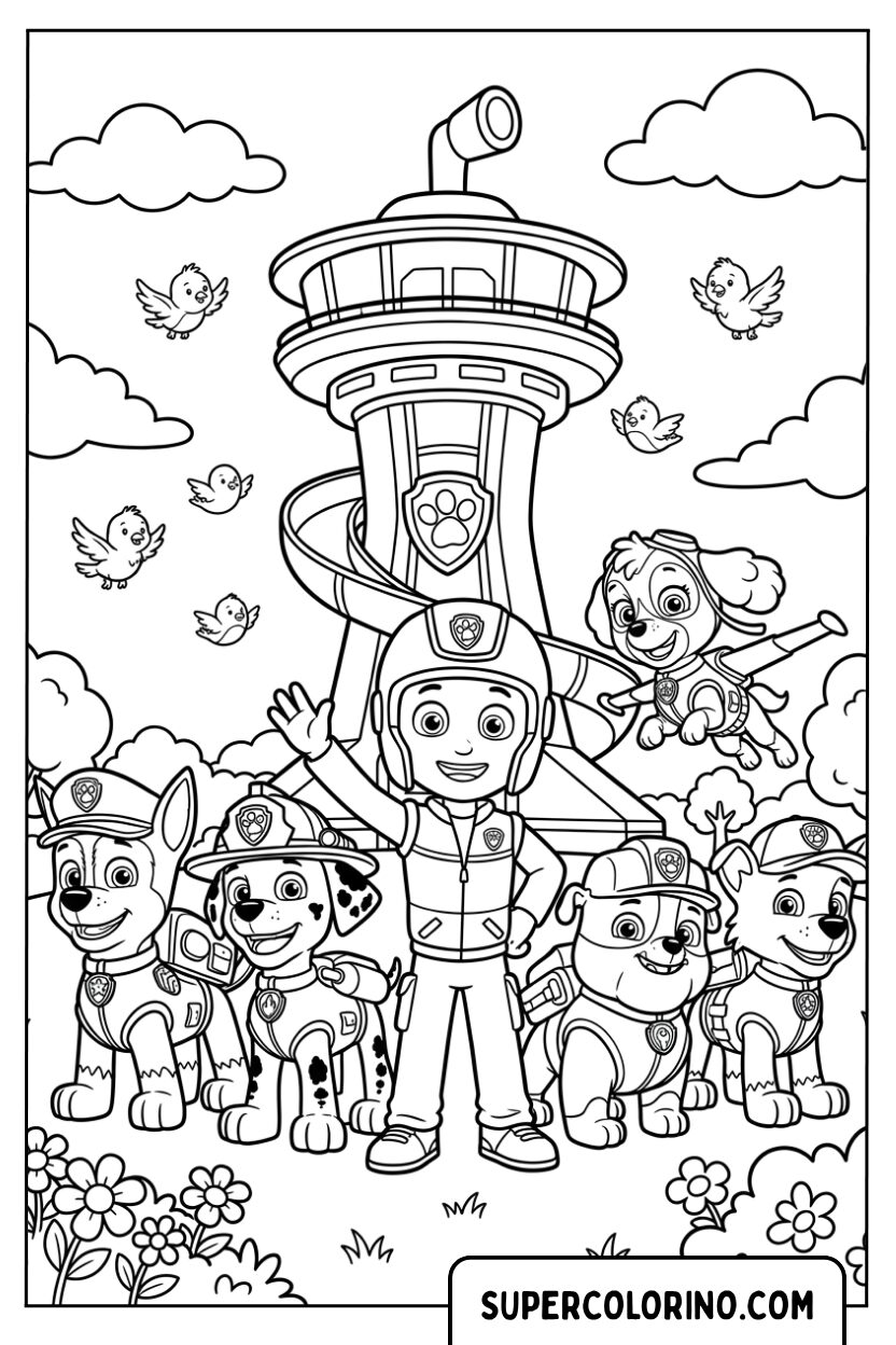 Colorare la squadra Paw Patrol con Ryder davanti alla torre di controllo