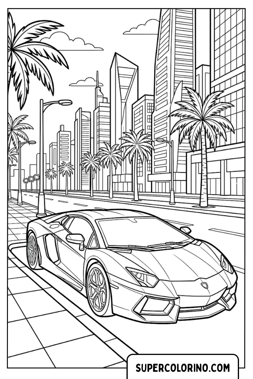 Colorare la vettura Lamborghini sulla strada cittadina con grattacieli