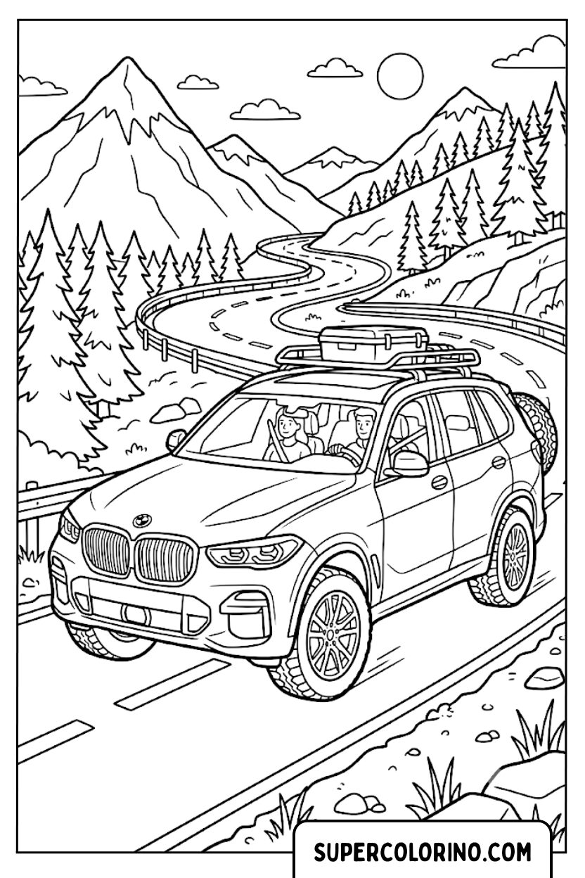 Colorare un SUV BMW su una strada di montagna tra i pini
