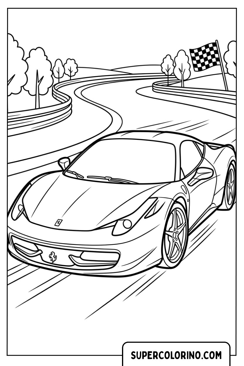 Colorare una Ferrari che corre veloce su una pista con curve