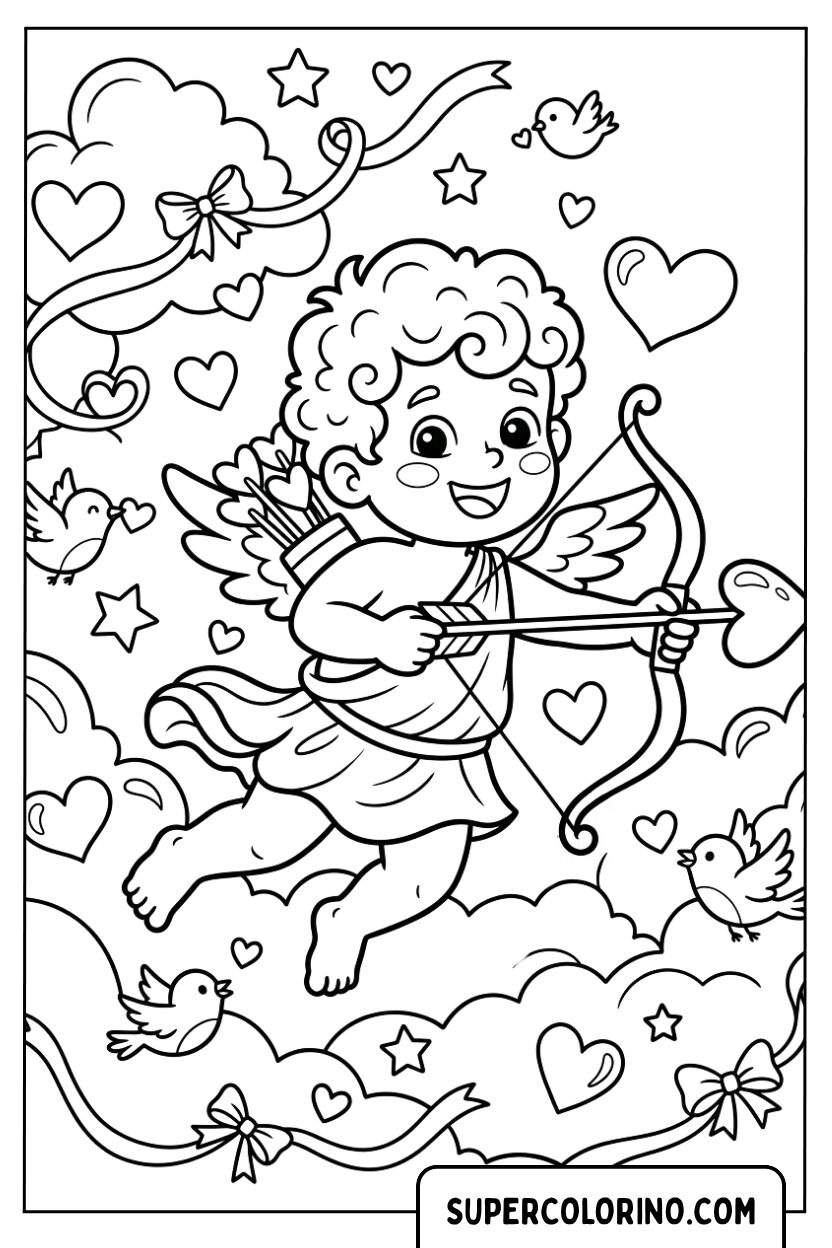 Disegni del piccolo Cupido con arco e freccia d amore tra le nuvole