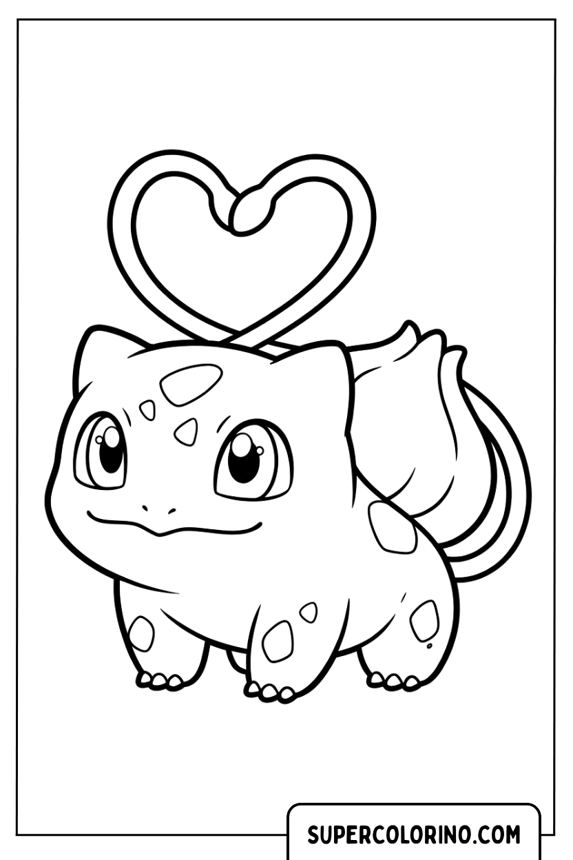 Kleurplaten van de schattige Pokémon Bulbasaur met een hartvormige liaan
