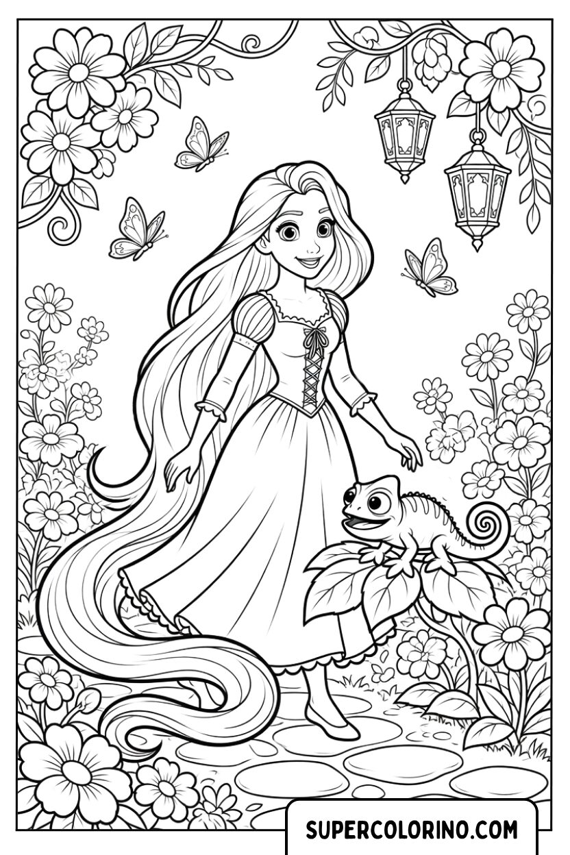 Disegni della Principessa Rapunzel con i suoi lunghi capelli e Pascal