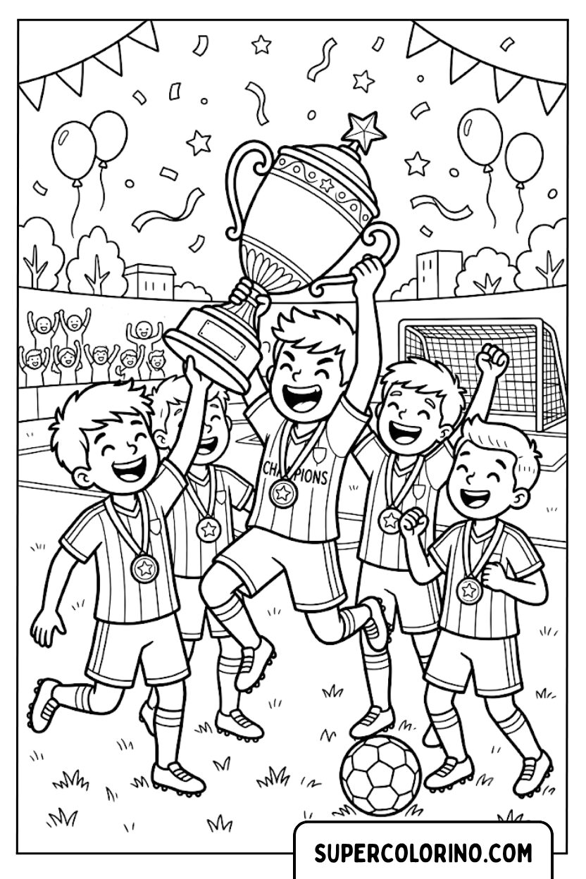 Ausmalbilder einer Fußballmannschaft mit dem Meisterpokal