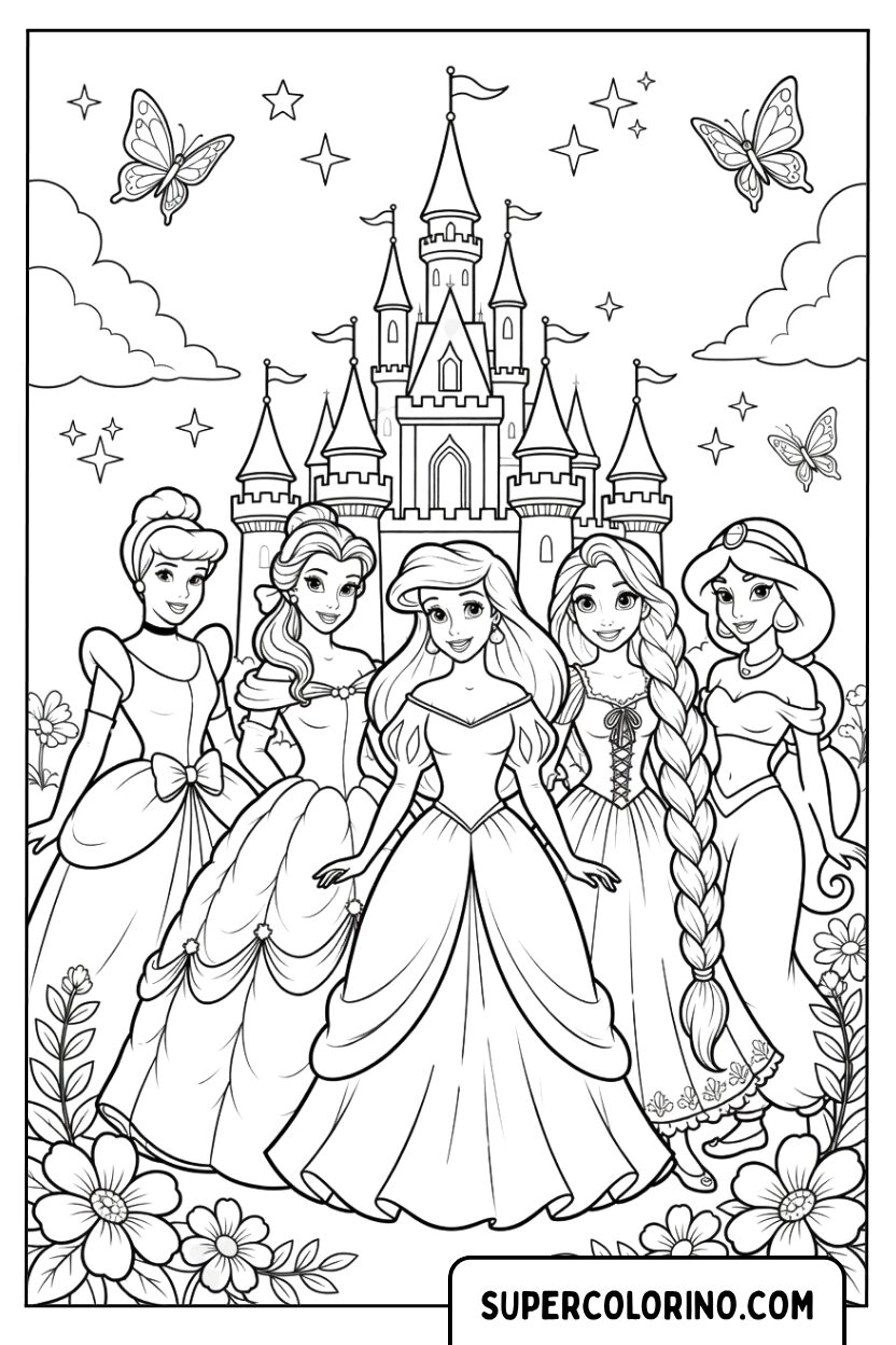 Disegni delle Principesse Disney insieme davanti al grande castello magico