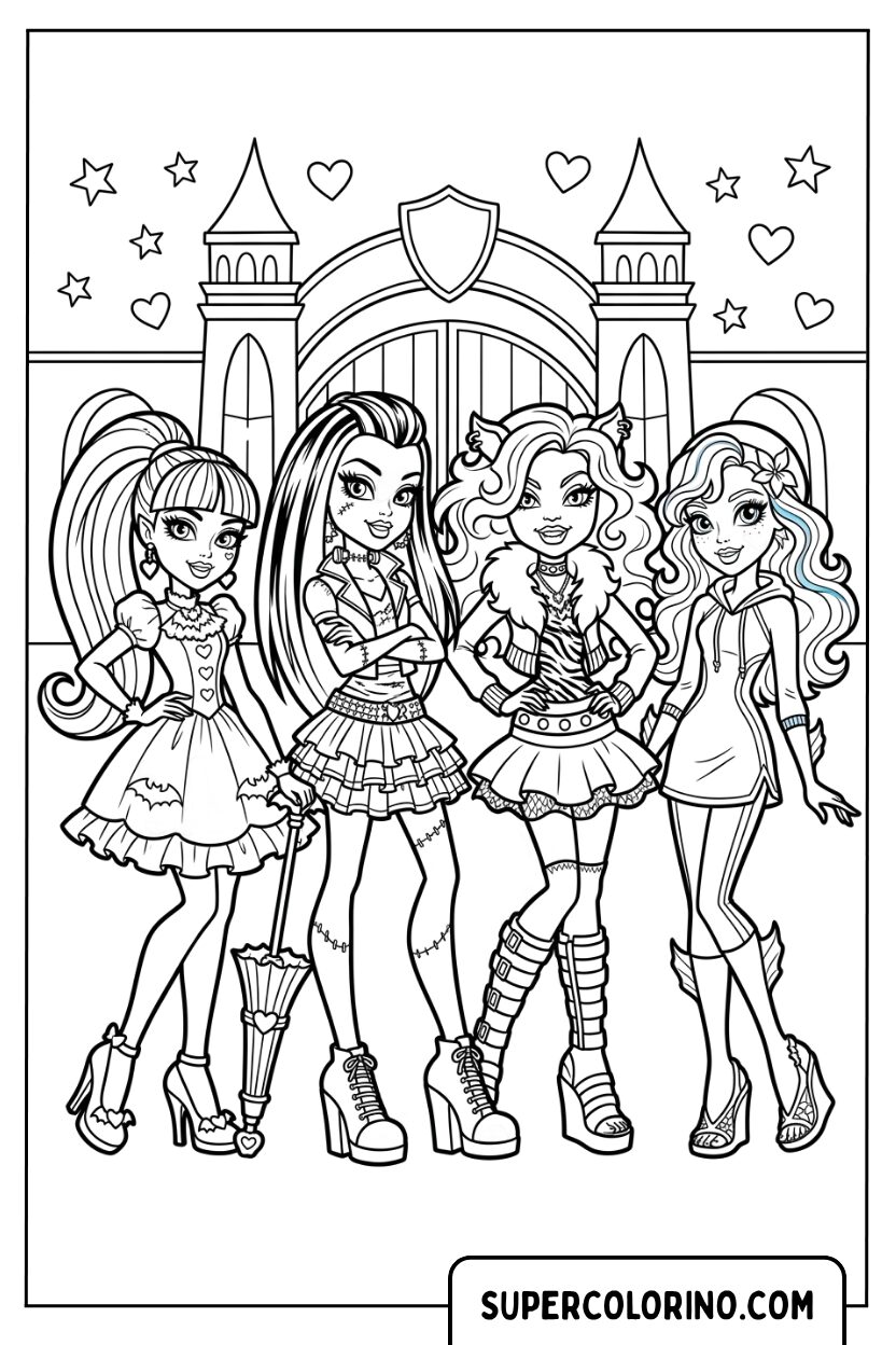 Disegno di quattro amiche di Monster High all ingresso da colorare