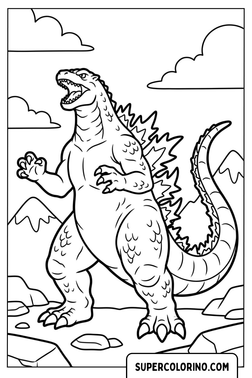 Disegni di Godzilla che ruggisce tra le montagne rocciose