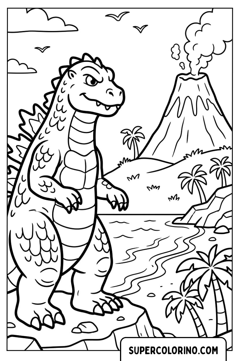Disegni di Godzilla sulla spiaggia accanto a un vulcano attivo