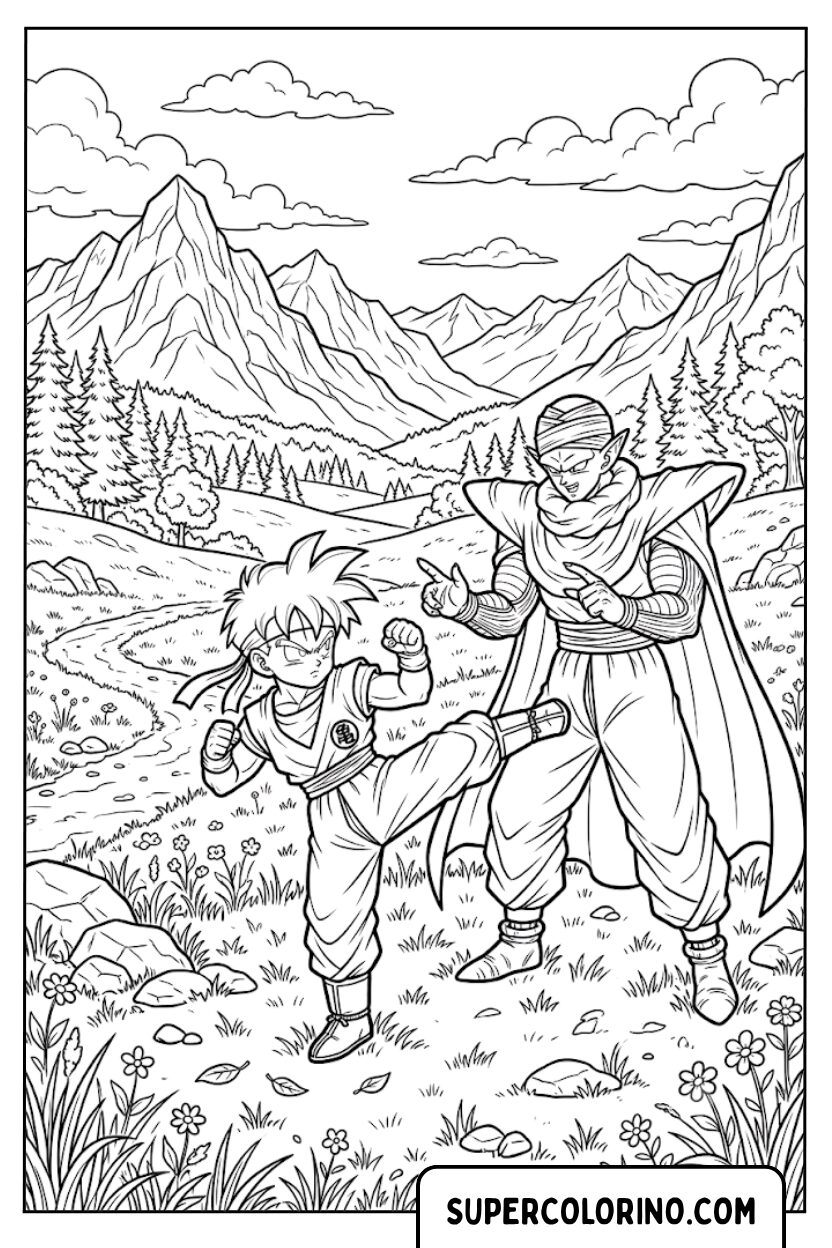 Ausmalbilder von Gohan beim Training mit Piccolo in den Bergen