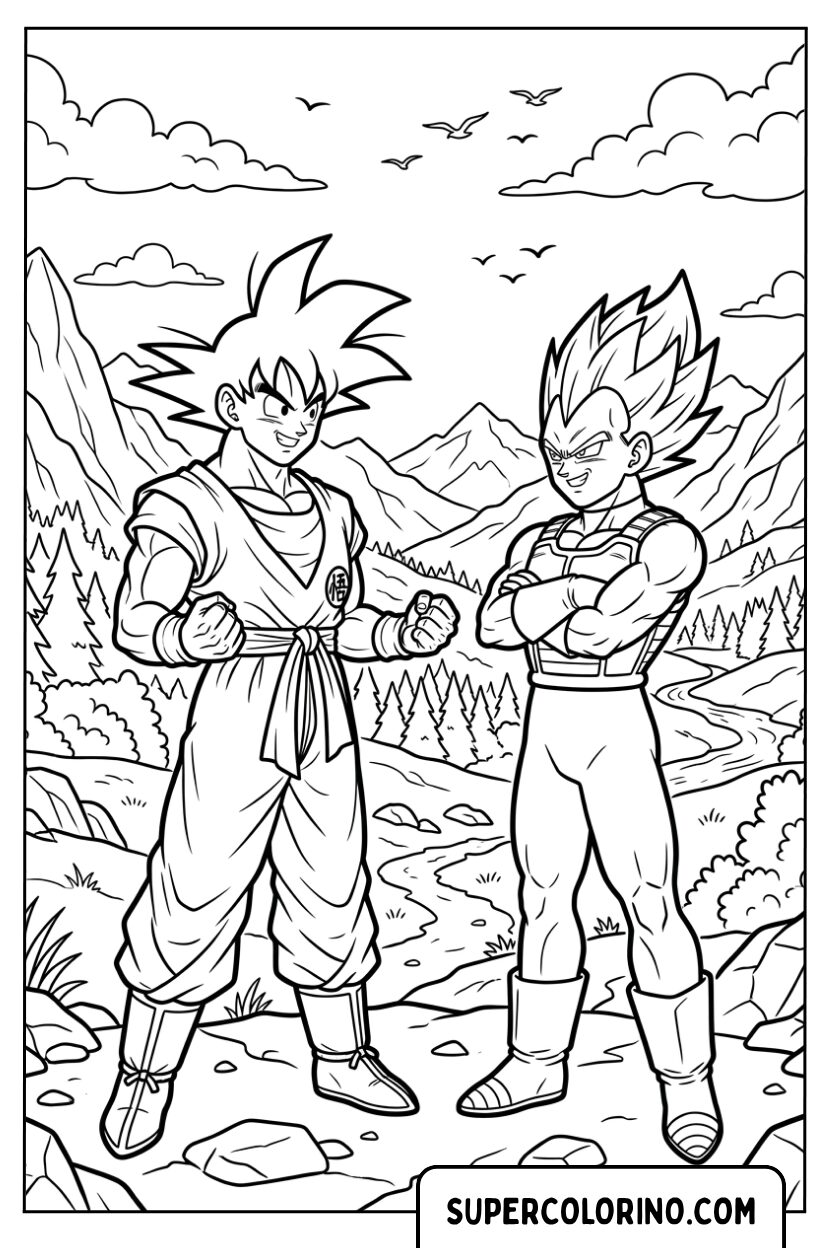 Ausmalbilder von Goku und Vegeta als Rivalen auf dem Berg