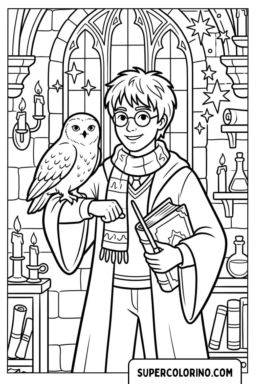 Harry Potter mit Hedwig und einem Zauberbuch zum Ausmalen