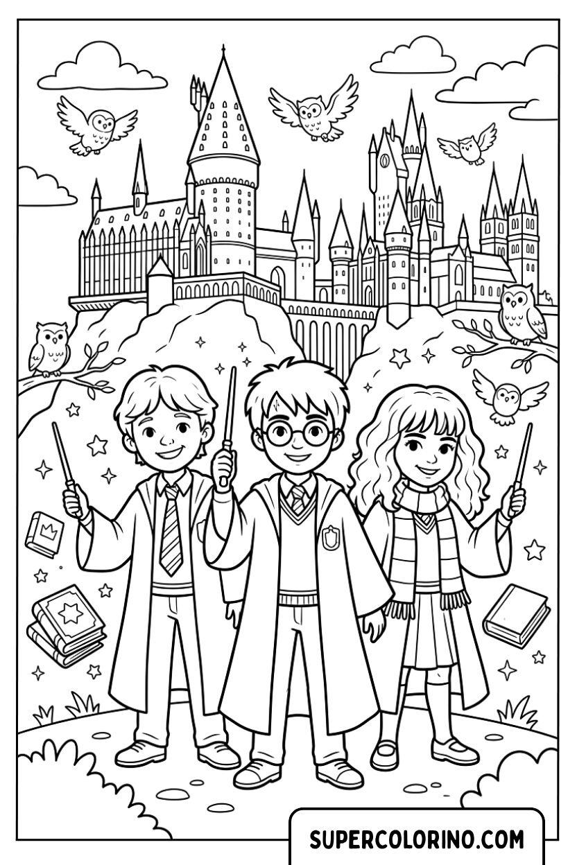 Harry, Ron und Hermine mit Zauberstäben vor dem Schloss zum Ausmalen