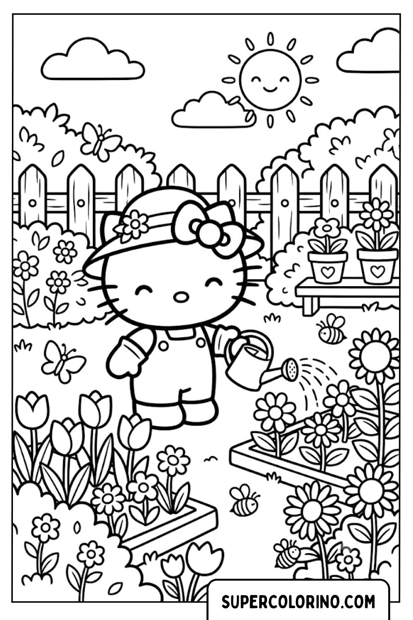 Kleurplaten van Hello Kitty die bloemen water geeft in de tuin